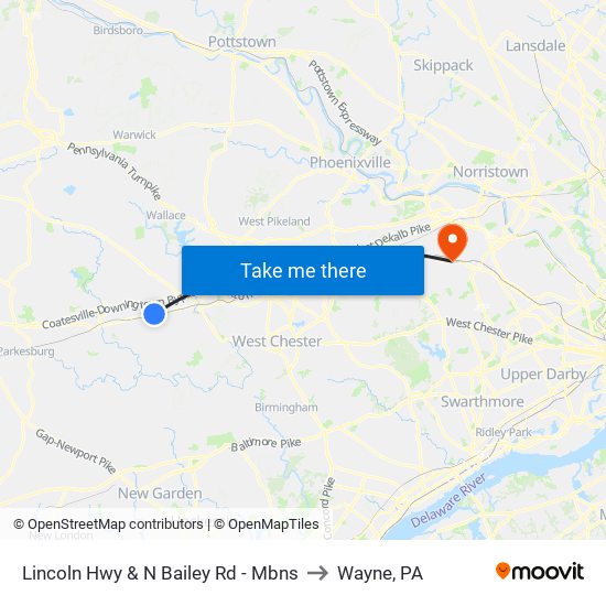 Lincoln Hwy & N Bailey Rd - Mbns to Wayne, PA map