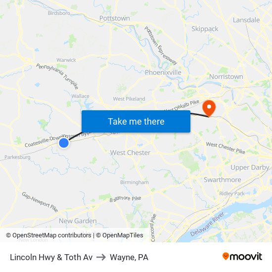 Lincoln Hwy & Toth Av to Wayne, PA map