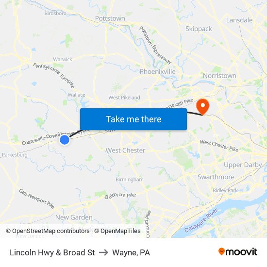 Lincoln Hwy & Broad St to Wayne, PA map