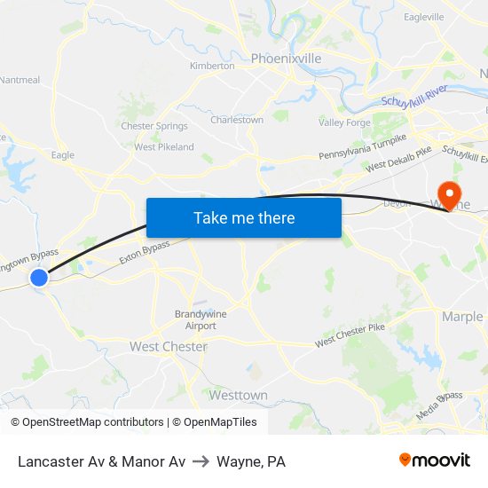 Lancaster Av & Manor Av to Wayne, PA map
