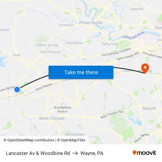 Lancaster Av & Woodbine Rd to Wayne, PA map