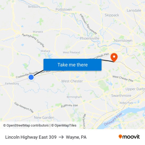 Lincoln Highway East 309 to Wayne, PA map