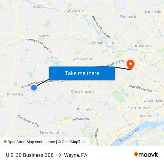 U.S. 30 Business 308 to Wayne, PA map