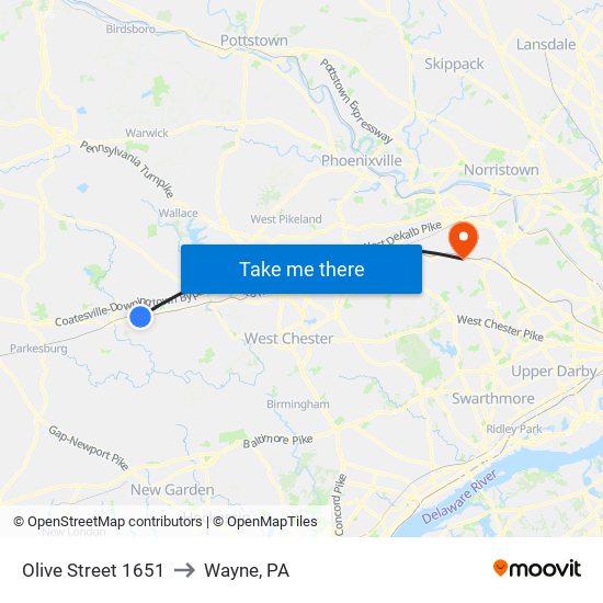 Olive Street 1651 to Wayne, PA map