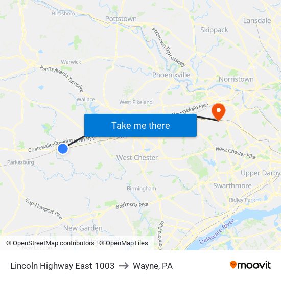 Lincoln Highway East 1003 to Wayne, PA map