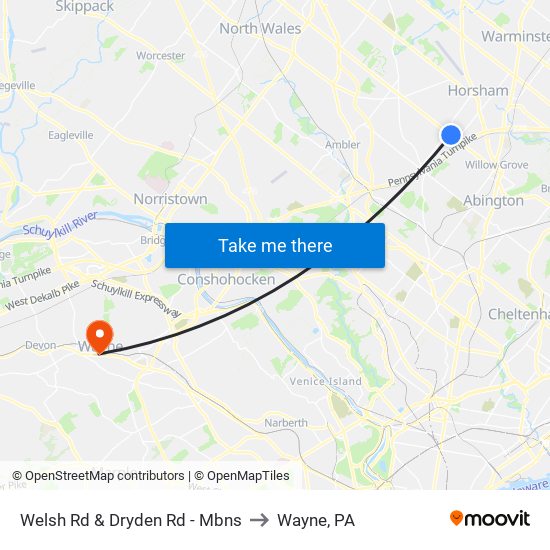 Welsh Rd & Dryden Rd - Mbns to Wayne, PA map