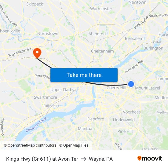 Kings Hwy (Cr 611) at Avon Ter to Wayne, PA map