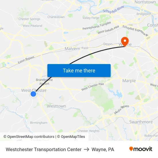 Westchester Transportation Center to Wayne, PA map