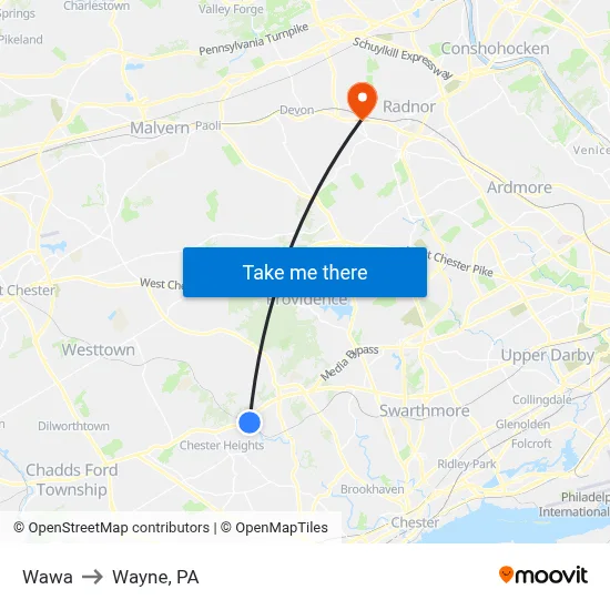Wawa to Wayne, PA map