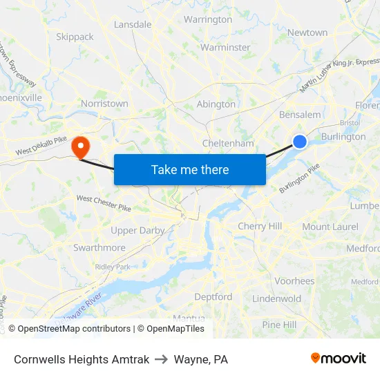 Cornwells Heights Amtrak to Wayne, PA map