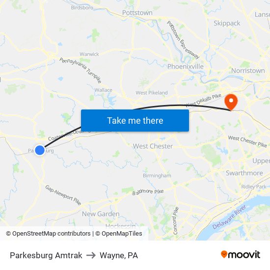 Parkesburg Amtrak to Wayne, PA map