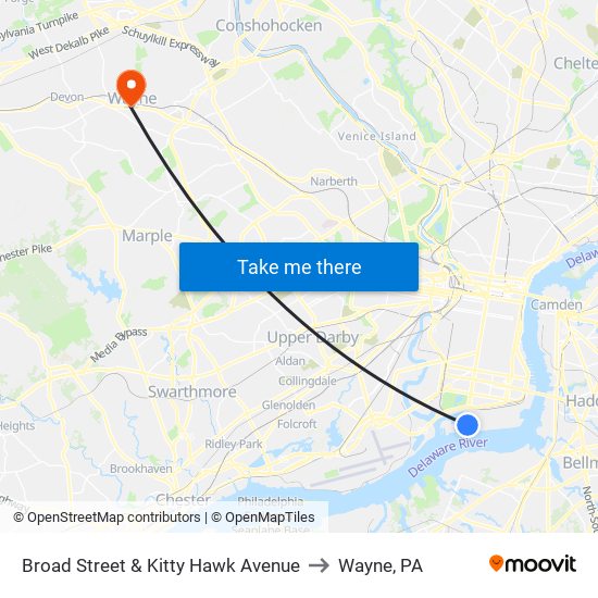 Broad Street & Kitty Hawk Avenue to Wayne, PA map