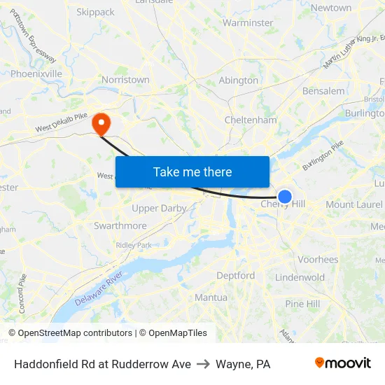 Haddonfield Rd at Rudderrow Ave to Wayne, PA map