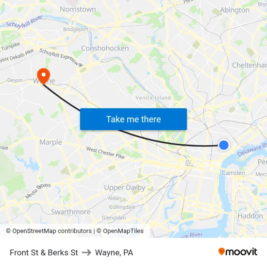 Front St & Berks St to Wayne, PA map