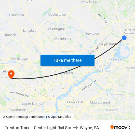 Trenton Transit Center Light Rail Sta to Wayne, PA map