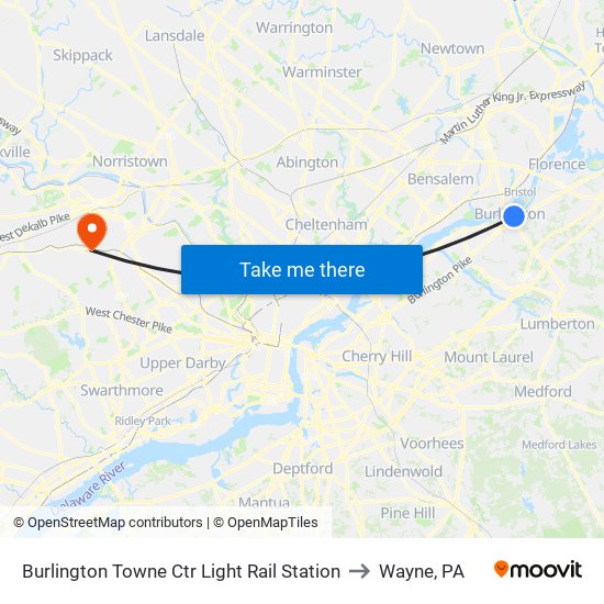 Burlington Towne Ctr Light Rail Station to Wayne, PA map