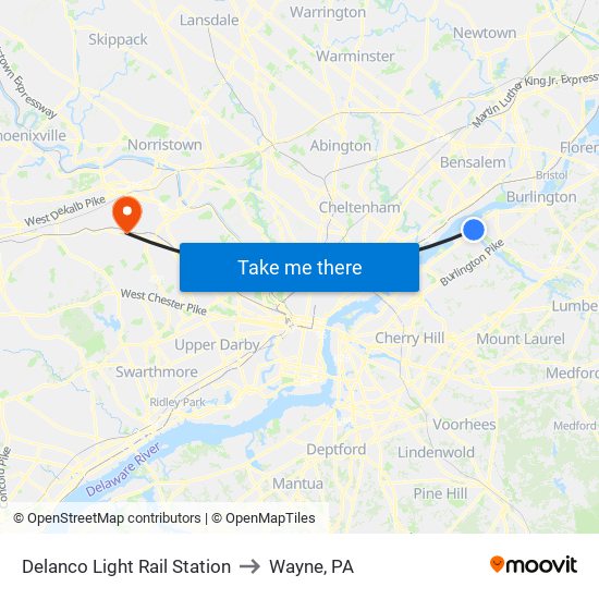 Delanco Light Rail Station to Wayne, PA map