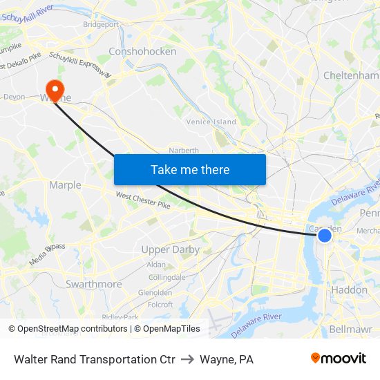 Walter Rand Transportation Ctr to Wayne, PA map