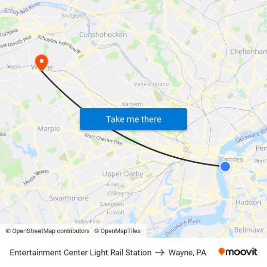 Entertainment Center Light Rail Station to Wayne, PA map