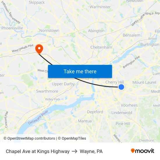 Chapel Ave at Kings Highway to Wayne, PA map