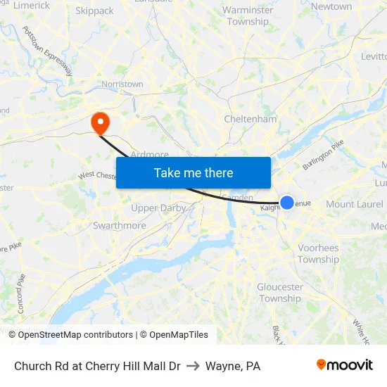 Church Rd at Cherry Hill Mall Dr to Wayne, PA map