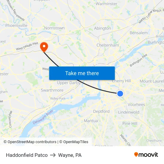 Haddonfield Patco to Wayne, PA map