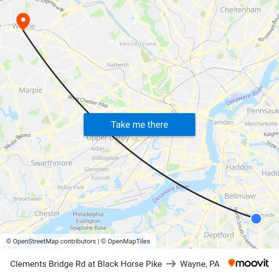 Clements Bridge Rd at Black Horse Pike to Wayne, PA map