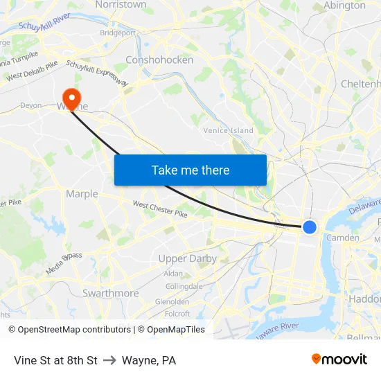 Vine St at 8th St to Wayne, PA map