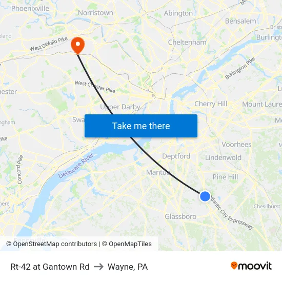 Rt-42 at Gantown Rd to Wayne, PA map