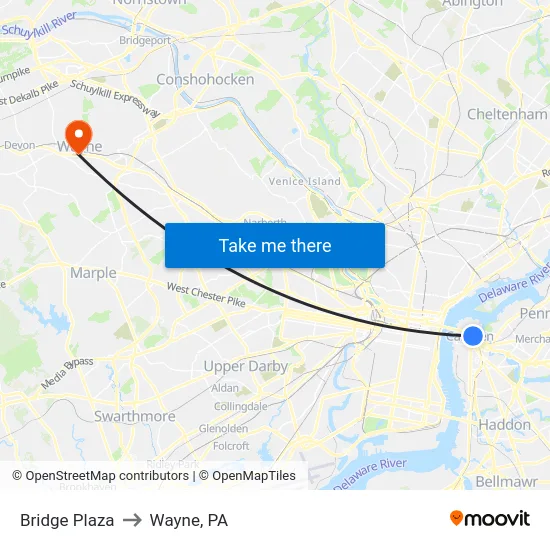 Bridge Plaza to Wayne, PA map