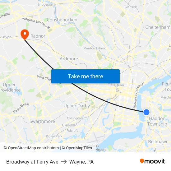 Broadway at Ferry Ave to Wayne, PA map