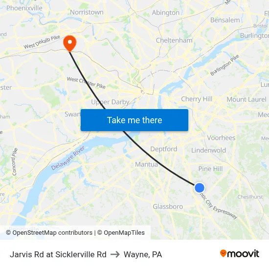 Jarvis Rd at Sicklerville Rd to Wayne, PA map