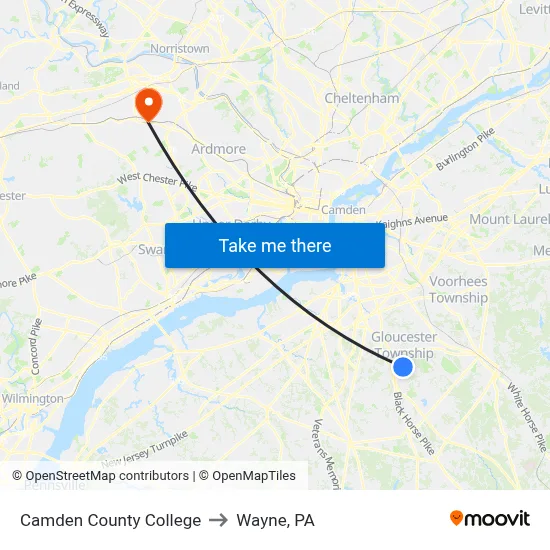 Camden County College to Wayne, PA map