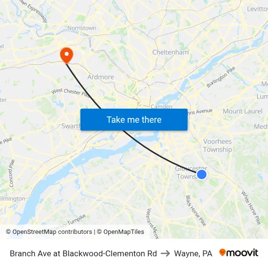 Branch Ave at Blackwood-Clementon Rd to Wayne, PA map