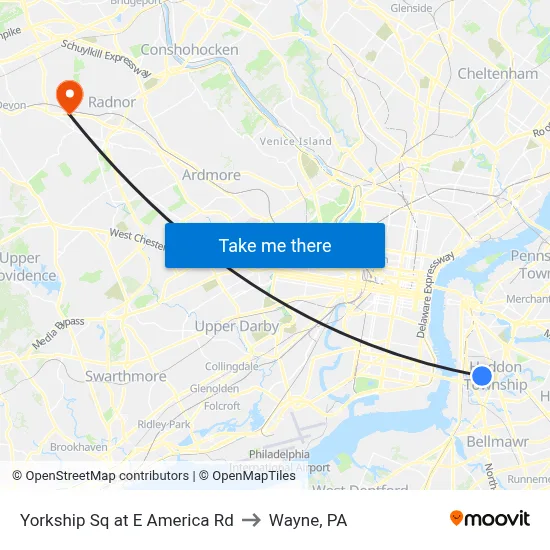 Yorkship Sq at E America Rd to Wayne, PA map
