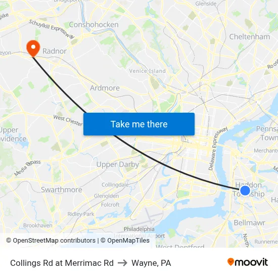 Collings Rd at Merrimac Rd to Wayne, PA map