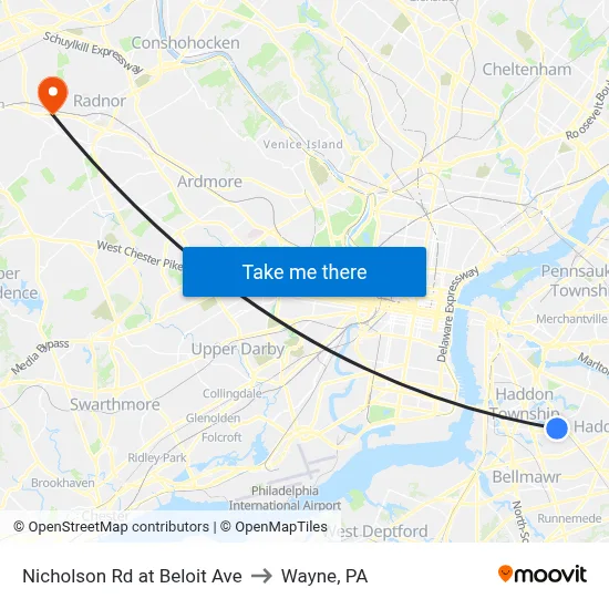 Nicholson Rd at Beloit Ave to Wayne, PA map