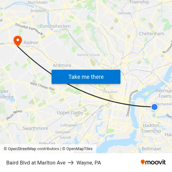 Baird Blvd at Marlton Ave to Wayne, PA map