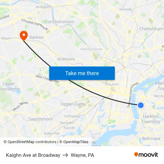 Kaighn Ave at Broadway to Wayne, PA map