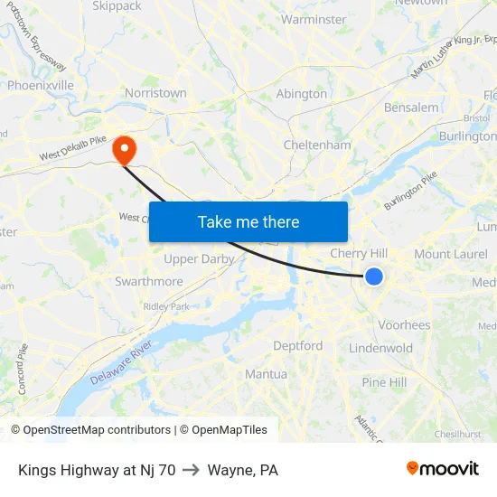 Kings Highway at Nj 70 to Wayne, PA map