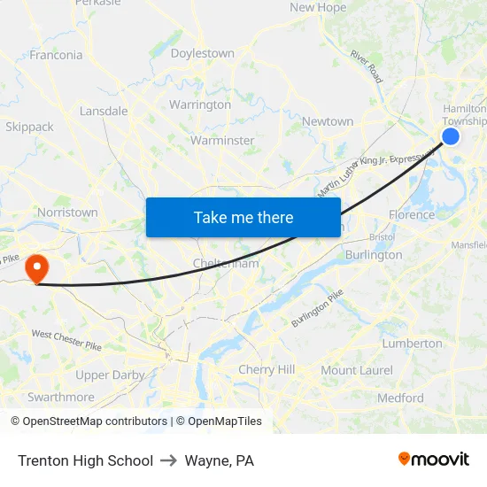 Trenton High School to Wayne, PA map