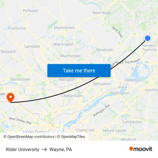 Rider University to Wayne, PA map