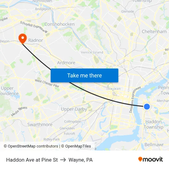Haddon Ave at Pine St to Wayne, PA map