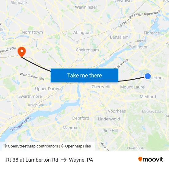 Rt-38 at Lumberton Rd to Wayne, PA map
