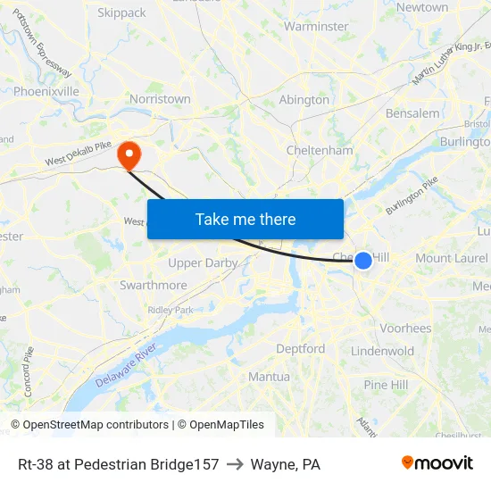 Rt-38 at Pedestrian Bridge157 to Wayne, PA map