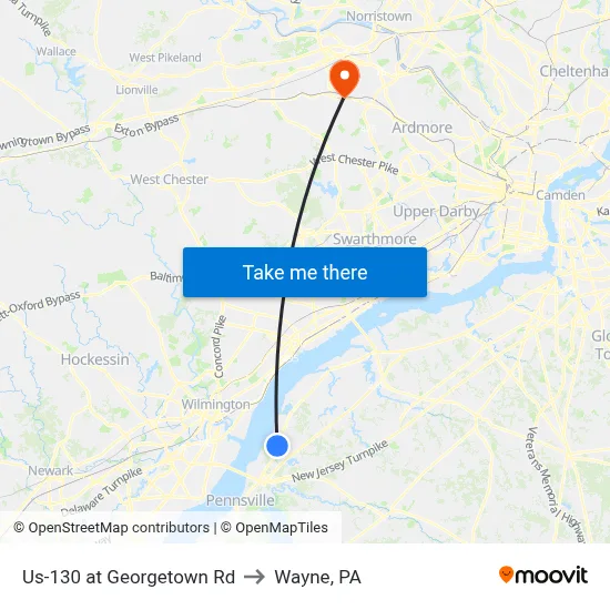 Us-130 at Georgetown Rd to Wayne, PA map