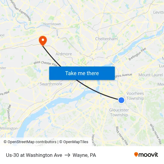 Us-30 at Washington Ave to Wayne, PA map