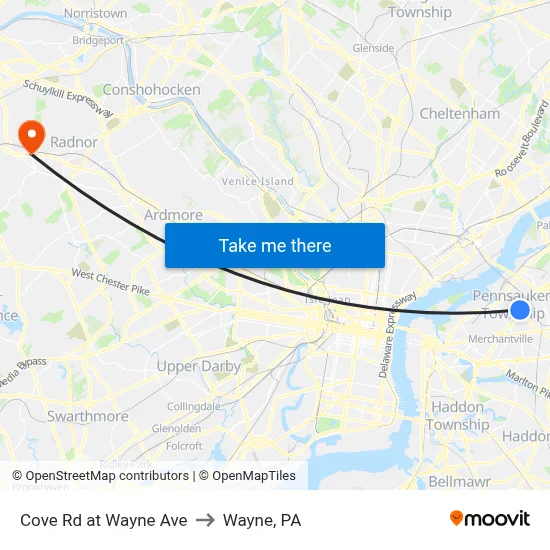 Cove Rd at Wayne Ave to Wayne, PA map