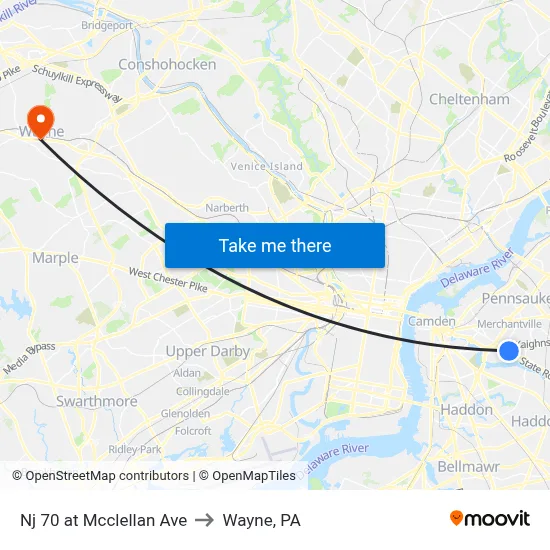 Nj 70 at Mcclellan Ave to Wayne, PA map