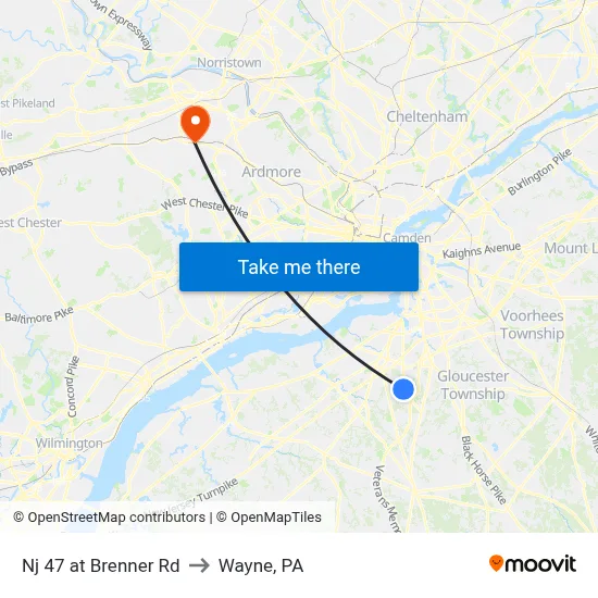 Nj 47 at Brenner Rd to Wayne, PA map
